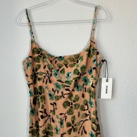 Staud size 12 Dianna midi slip dress floral burnout velvet tan green NEW - Picture 4 of 15